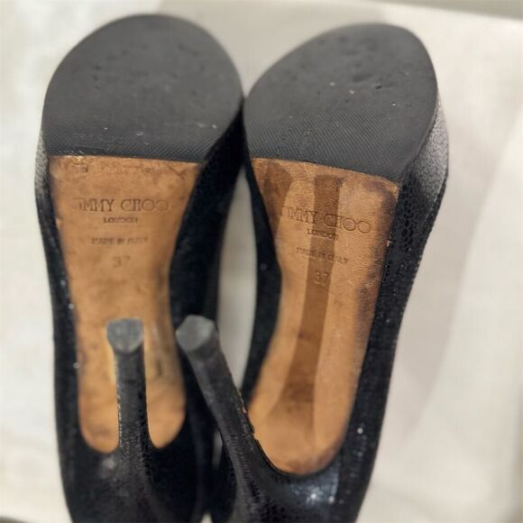 Jimmy Choo Black Glitter Peep Toe Platform Pumps Size 7 US Heels Made in Italy - Picture 14 of 15